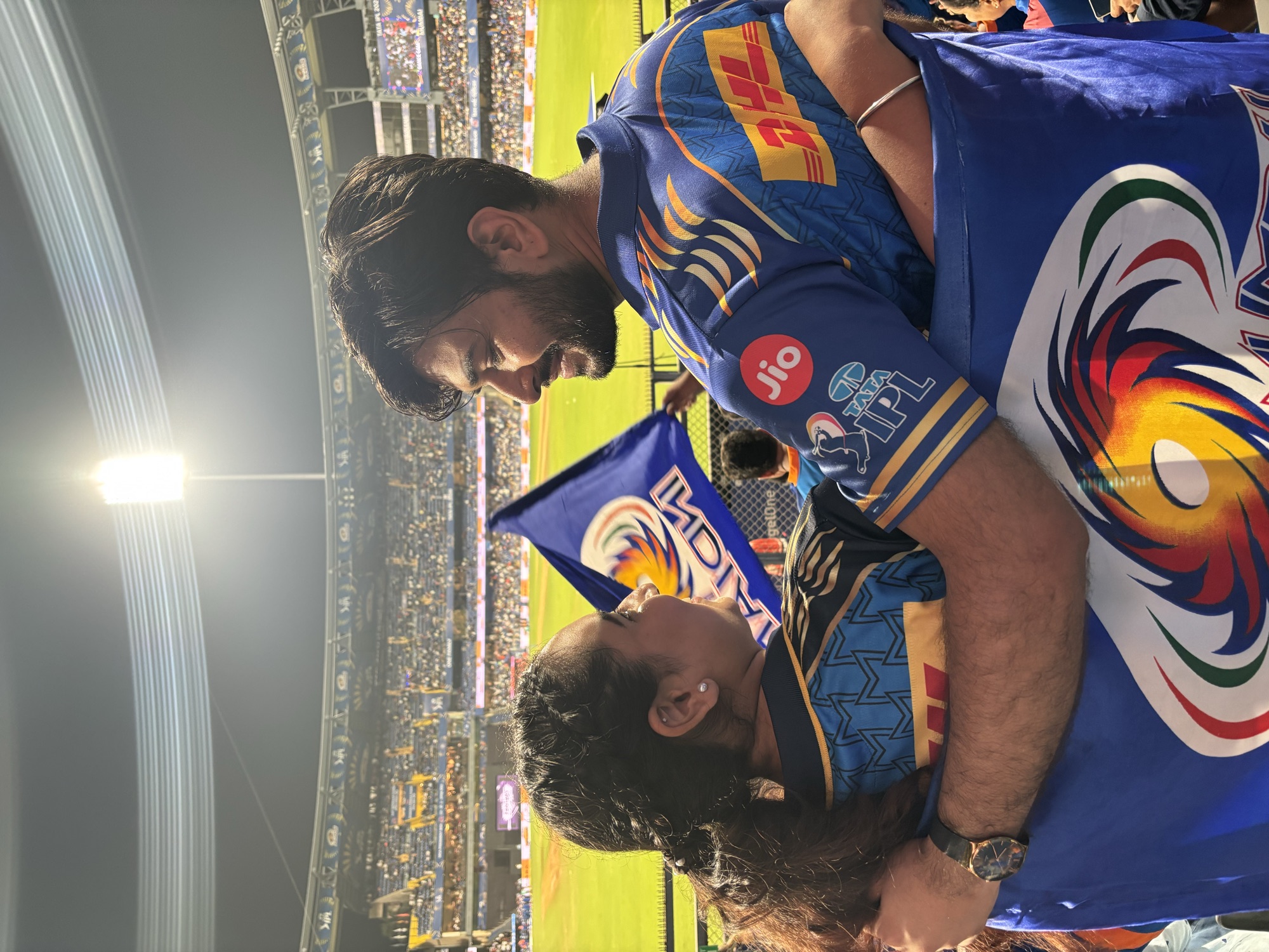 Us together in Mumbai Indians jerseys at an IPL match